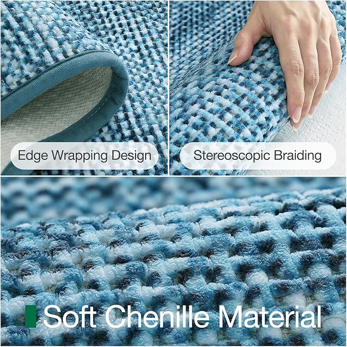 LUMI Chenille Bathroom Rugs, 16"x24" Extra Soft Non Slip Absorbent Bath Rugs, Washable Bath Mats for Bathroom Floor Tub and Shower, Blue