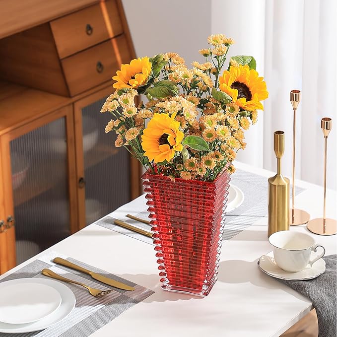 MCMCNCUIU Crystal Vase, Large Crystal Vases for Flowers, Large Flower Vase, Modern Red Vases for Living Room, Bedroom, Kitchen, Dining Table, Mantle, Wedding, 11 Inches