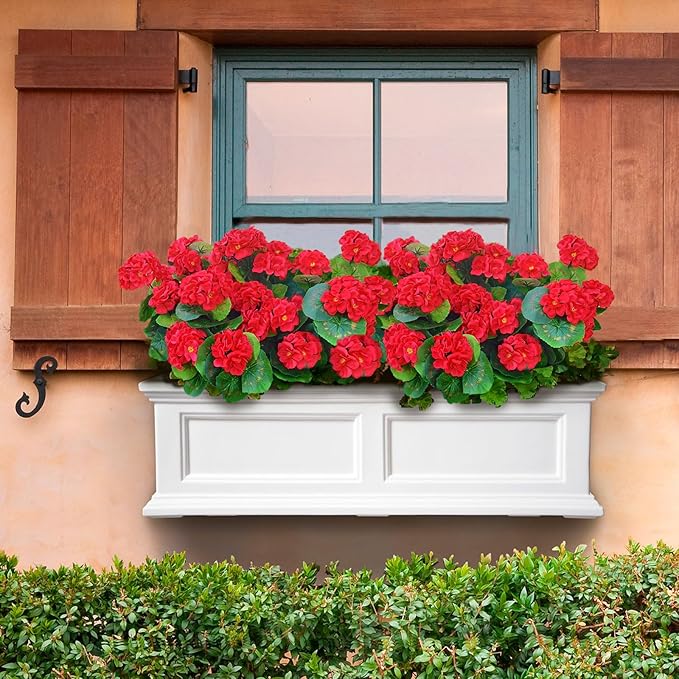 Fake Outdoor Flowers, 4 Pcs Artificial Flowers For Outdoors, Red Artificial Geraniums Plastic Flowers, Fake Plant For Outside, Silk Faux Flowers For Outdoor Planters UV Resistant For Front Porch