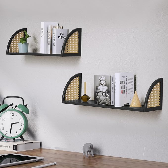 Floating Shelves for Wall,Rattan Wall Mounted Shelves for Wall Decor,Sturdy Wood Bathroom Shelves for Kitchen,Bedroom,Living Room,24.8 * 7.68 inch,Set of 2,Black
