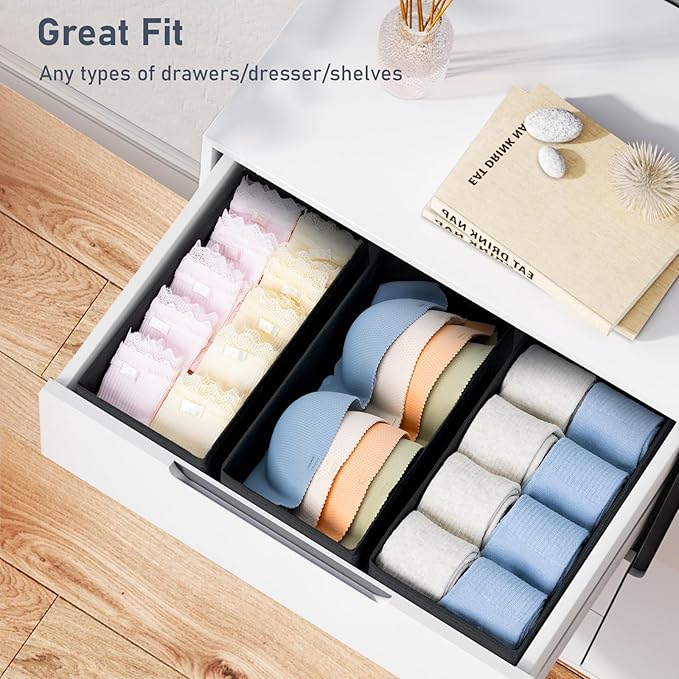 DIMJ Drawer Organizer Clothes - Underwear Organizer Sock Closet Organizers and Storage Box Dresser Organizer, Drawer Dividers for Baby Clothes, Bra, Socks, Belt, Tie, Set of 9, Black