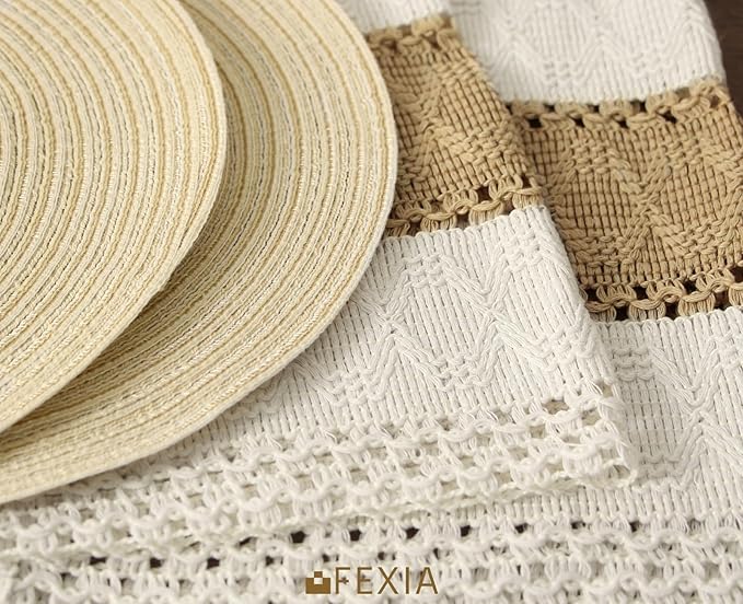 FEXIA Boho Placemats Set of 6, Macrame Table Decor and Farmhouse Style Placemats Natural Cotton Burlap, for Kitchen and Dining Table Centerpiece Home Decorations