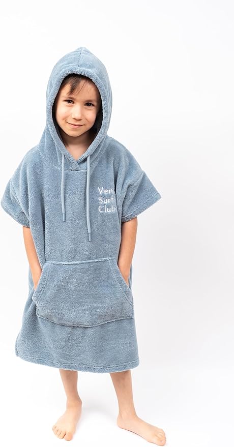 Cotton/Microfiber Kids Surf Poncho, Wetsuit Changing Towel Bath Robe with Hood and Pocket for Ages 3-7 and 8-12 (Aqua Blue, 3-7 Years)