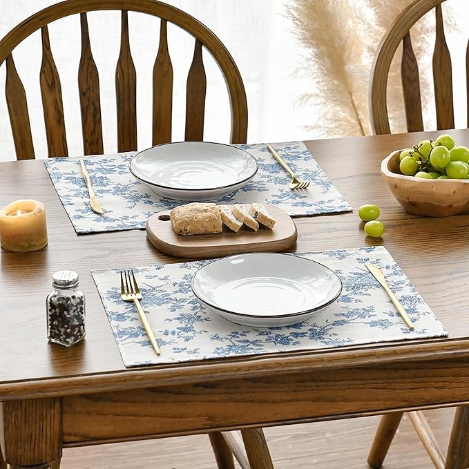 Pastoral Placemats for Dining Table Set of 6, Reversable & Heat-Resistant Non-Slip Place Mats for Kitchen Table Mats 13 x 19 Inch, Floral (Dark Blue)