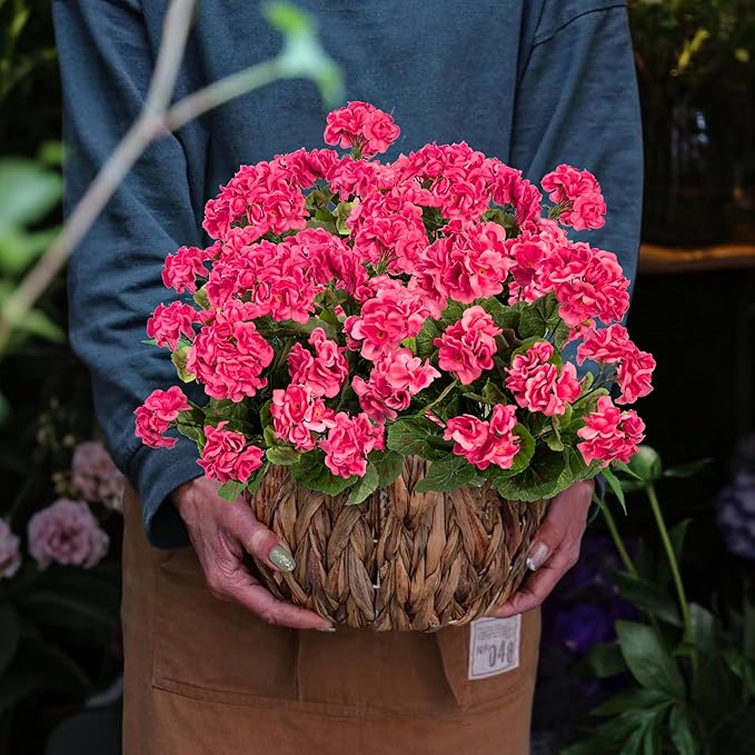 Plastic Flowers for Outdoors Home Decor Fake Plants Artificial Flowers Artificial Geraniums Outdoor Fake Flowers Silk Bouquet, Fall Decor for Interior Porch Garden Decor 14.4"(Rose Red) 8PCS