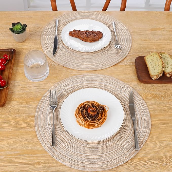 SHACOS Round Braided Placemats Set of 4 Round Table Mats for Dining Tables 15 inch Washable Kitchen Table Place Mats Indoor (Beige, 4)