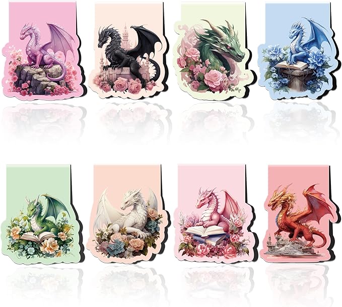 Cool Dragon Magnetic Bookmarks: 8Pcs Dragon with Wings Magnet Book Markers, Unique Floral Book Mark Clips Gift for Men, Gifts for Men Boys Kids Book Lovers Office School Supplies