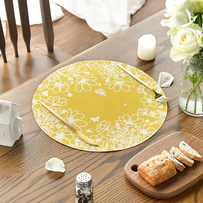 Artoid Mode Yellow Bloom Flowers Spring Round Placemats Set of 4, 14 Inch Summer Holiday Round Table Mats for Dining Decoration