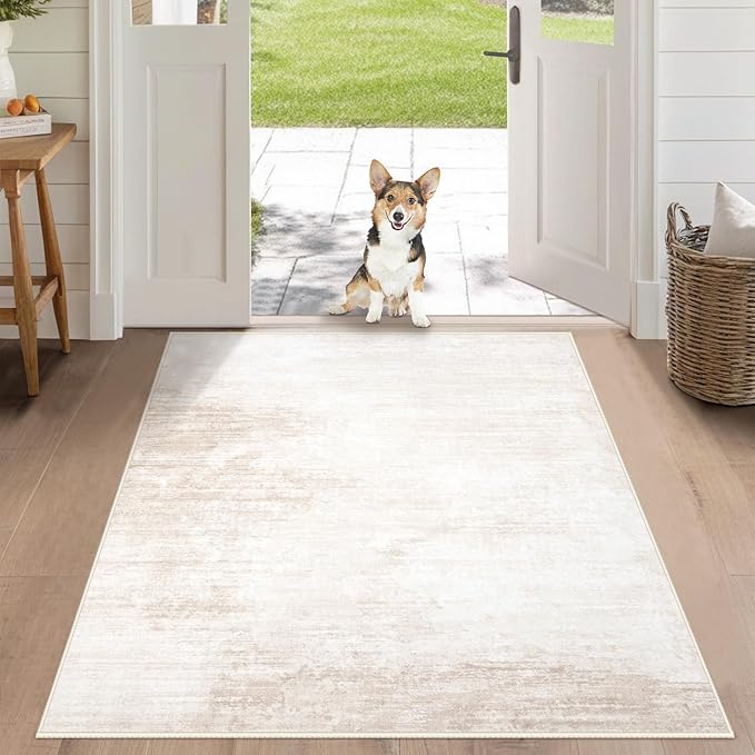 Area Rug 3x5 Washable Rug: Living Room Modern Abstract Rug Soft Non Slip Neutral Rug Stain Resistant Small Rug Indoor Door Mat for Bedroom Kitchen Nursery Hallway Entryway Office(Beige,3'x5')