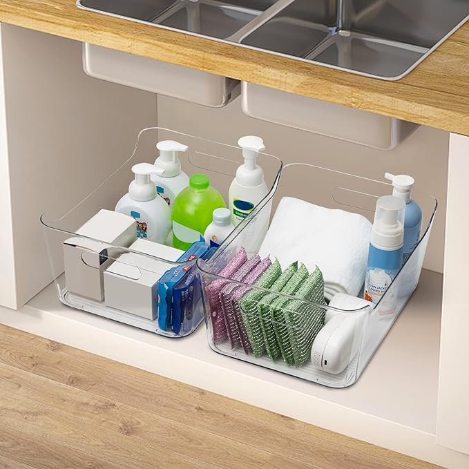 Tiawudi 4 Pack Plastic Storage Bins, X-Large Pantry Organizer, Clear Storage Containers and Organizer Bins, Multi-Use Bins for Home, Kitchen and Cabinet