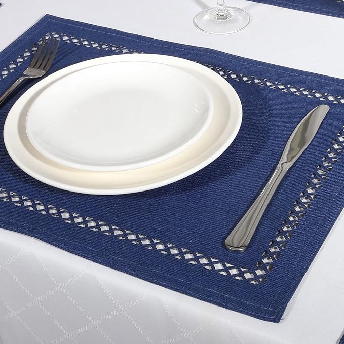 Placemats Set of 4 for Dining Table with Hollow Edge Design- Table Mats 12x 18 Inch, Cloth Place mats Machine Washable (Blue 4pcs)