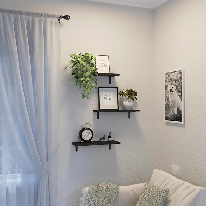 Wall Mounted Shelves, 3 Sets Floating Wood Shelves for Bathroom, Bedroom, Living Room Storage - Black