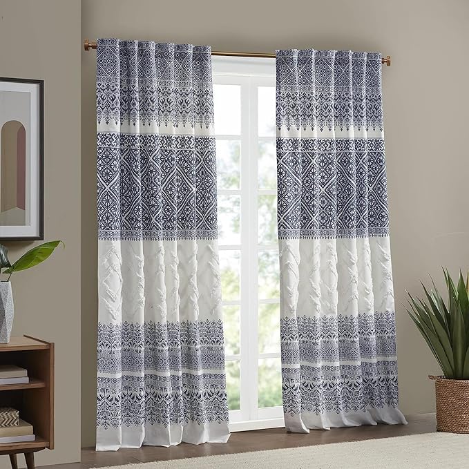 INK+IVY Mila 100% Cotton Single Panel Curtain Tufted Chenile Boho Design Rod Pocket Top Drape for Living Room, Privacy Window Treatment for Bedroom, 50" x 84", Navy/White