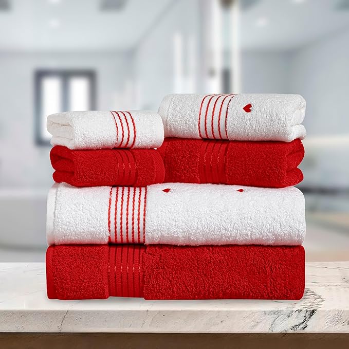 Elegant Comfort Premium Cotton 6-Piece Towel Set, Includes 2 Washcloths, 2 Hand Towels and 2 Bath Towels, 100% Turkish Cotton - Highly Absorbent and Super Soft Towels for Bathroom, Hearts