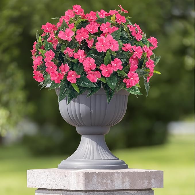 Spring Decorations for Home Flowers Fake Plants Fake Flowers Artificial Impatiens Bouquet Flowers for Outdoors Silk Faux Flowers Impatiens Plants Decor Indoor Planters 15.7" (Rose Red) 8PCS