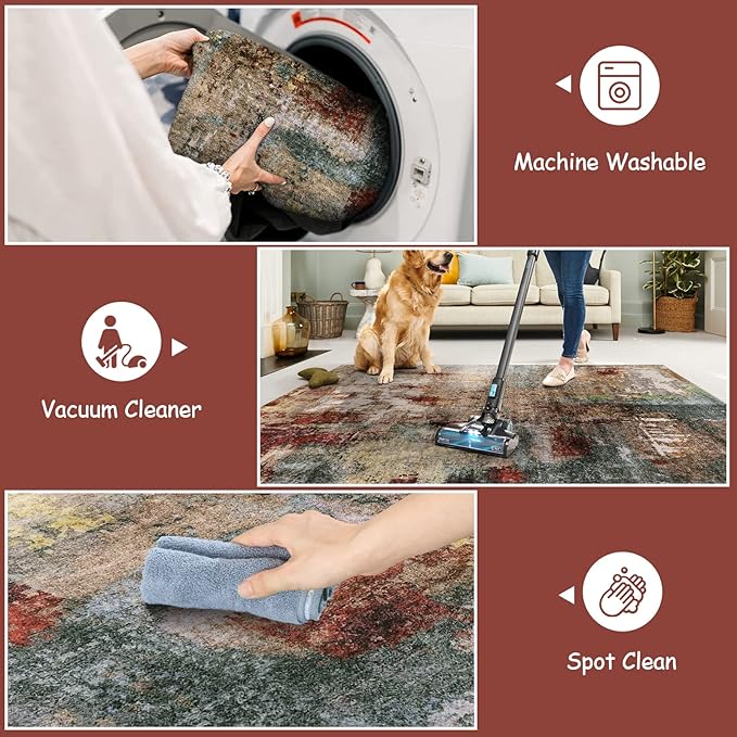 Lahome Washable Runner Rug with Rubber Backing- 2x8 Rug Runners for Hallways Non Slip Kitchen Rugs Non Skid, Modern Abstract Carpet Runner Indoor Floor for Bathroom Entrance Living Room Bedroom,Red