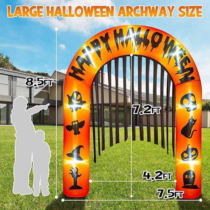 Halloween Arch Inflatables, 8.5ft Pumpkin Archway Outdoor, Blow Up Archway Decoration with Built-in LEDs, Printing with Happy Halloween & Witch Hat Pumpkin&Skull&Cat&Hand, Bats for Yard