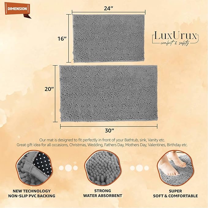 LuxUrux 2 Piece Bathroom Rug Set - Premium Plush Bath Mat Shower Rugs, 1" Chenille Microfiber, Non-Slip & Absorbent, Soft & Cozy, Durable Stylish (20x30 & 16x24 inches, Light Grey)