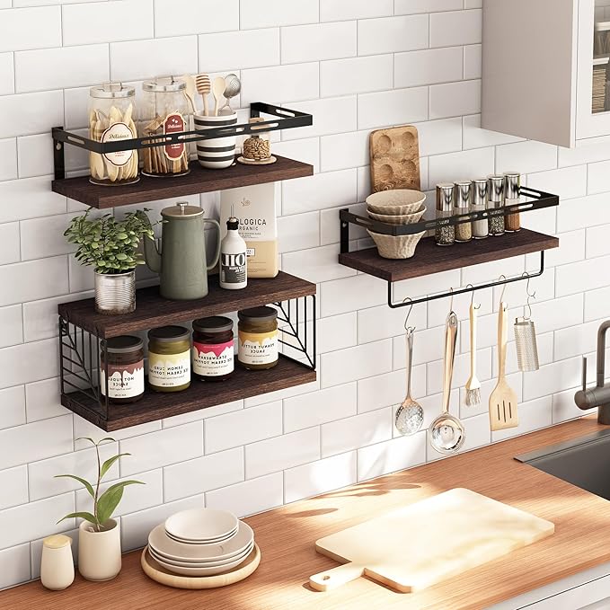 Fixwal 3+1 Tier Wall Mounted Bathroom Shelves Over Toilet, Rustic Wood Floating Shelves with Metal Frame and Towel Bar for Bathroom, Kitchen, Bedroom, Living Room (Dark Brown)