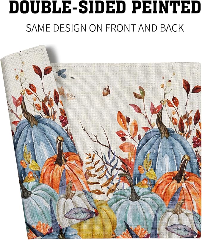 Giwawa Fall Thanksgiving Placemats Set of 4 Watercolor Autumn Pumpkins Floral Linen Table Mats 12x18 Inch Washable Heat Resistance for Kitchen Dining Farmhouse Holiday Decor