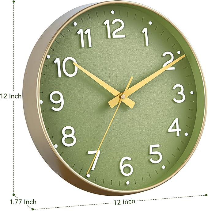 Wall Clock 12 Inch Silent Green Wall Clocks Battery Operated- Modern Non Ticking Analog Clock Decorative for Living Room Bedroom Office Kitchen(Gold)