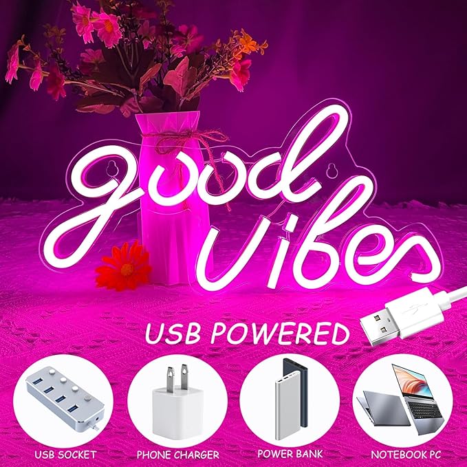 Good Vibes Neon Sign, LED Neon Signs for Wall Decor, Pink Neon Lights for Bedroom & Party Art Decor, USB Powered Bright Neon Light for Lover, Friends