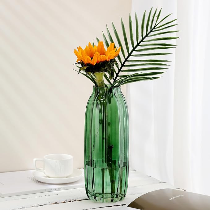 Green Glass Vase for Flowers Bud Tall Glass Vases,H-12.0" Simple Striped Design for Home Floor Decor,Farmhouse Decor, Centerpiece Coffee Table Decorations (Green 12.0IN)