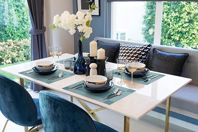 More Décor Dining Table Placemats, Washable Heat-Resistant PVC Vinyl Table Mats for Dining Room and Kitchen, Anti-Slip - Set of 6 -Sky Blue