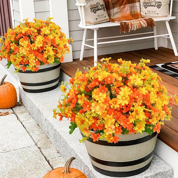 Uieke 12 Bundles Artificial Flowers for Outdoors UV Resistant Fake Daisy Mums Flowers Bulk No Fade Greenery Shrubs for Outside Home Wedding Window Box Garden Porch Fall Décor (Orange Yellow)