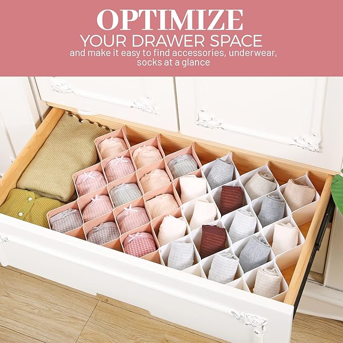 ROUFA Sock Drawer Organizer for Dresser, Honeycomb Underwear Dividers for Women, Panty Separator for Bras, Socks, Belt and Leggings (12pcs.Pink)