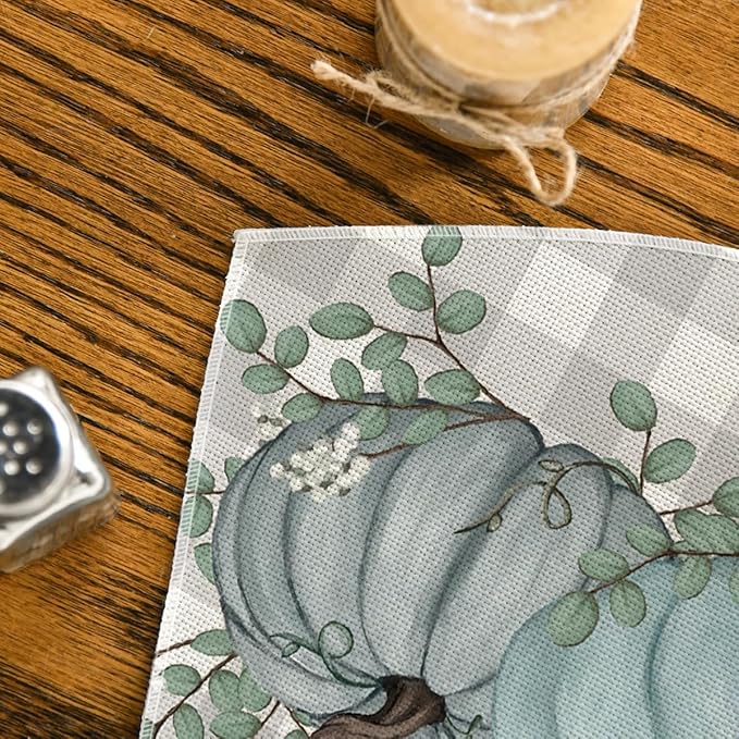 Artoid Mode Bule Buffalo Plaid Pumpkin Leaf Round Table Wedge Placemats Set of 4, Seasonal Fall Kitchen Dining Table Decoration for Indoor Party Home