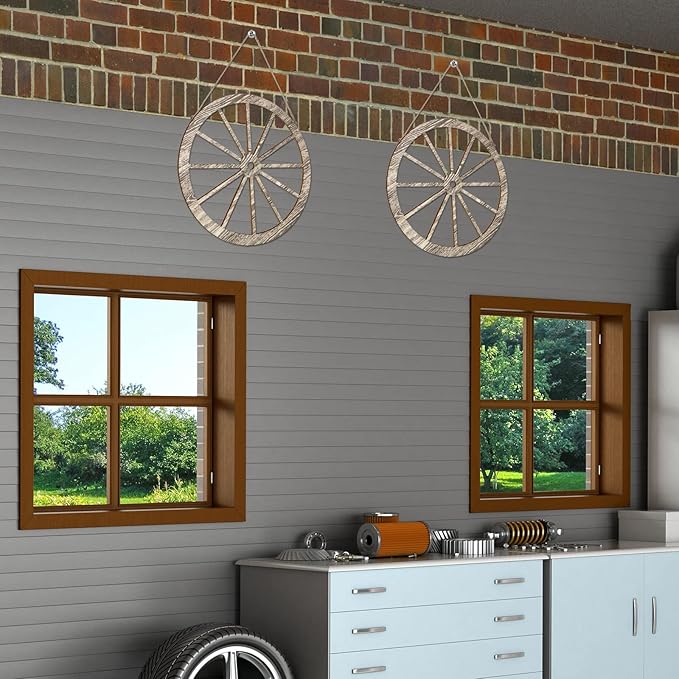 2 Pcs Wagon Wheel Decor Wooden Western Cowboy Party Decorations Vintage Rustic Wagon Wheel Wood Cartwheel Decor for Bar Garage Indoor Outdoor (Gray,12 Inch)