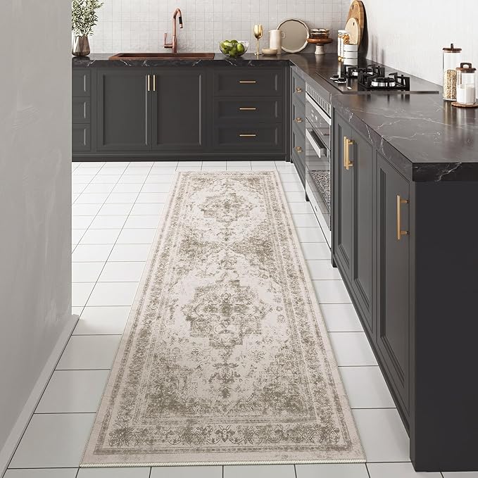 Runner Rug 3x8 Washable Taupe Hallway Runner Vintage Boho Medallion Non Slip Distressed Retro Carpet Indoor Low Pile Long Soft Rug for Kitchen Entryway Bedroom Bathroom Laundry