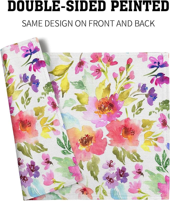 Spring Summer Placemats Set of 4 Washable Non-Slip Heat Resistant 12×18 Inch Spring Floral Watercolor Multicolor Thick Place Mats Decorative Linen Fabric Table Mat for Dining Table Kitchen Home Decor