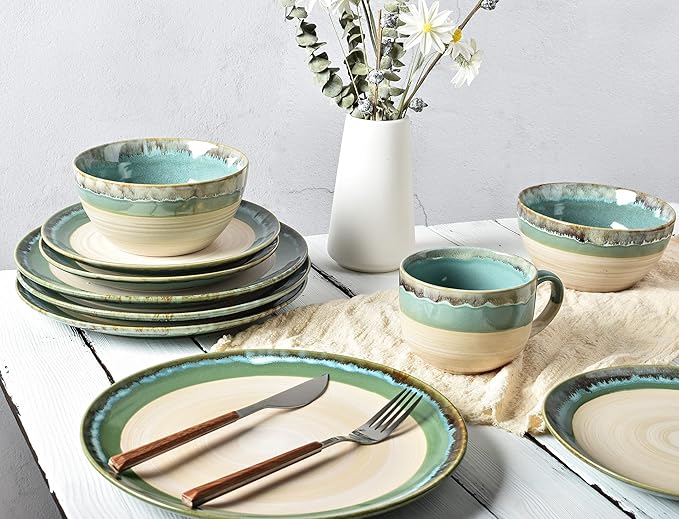 Bosmarlin Stoneware Dinnerware Set, Ceramic Bowls and Plates Set, Service for 4, 12 Piece, Microwave and Dishwasher Safe, Reactive Glaze (Turquoise green)
