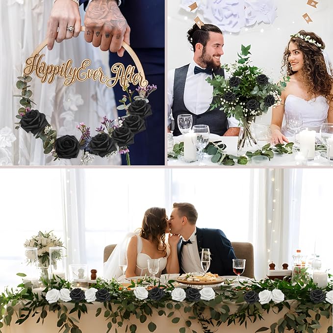 100PCS Black Artificial Flowers Roses Real Looking Foam Fake Roses with Leaves and for DIY Wedding Bouquets Bridal Shower Centerpieces Party Decorations (Black, 100)