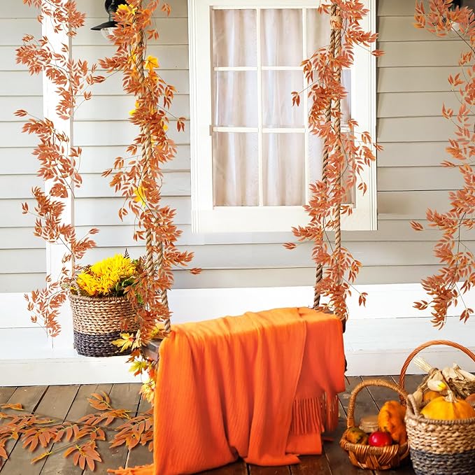 RECUTMS Artificial Hanging Willow Leaves Vine Twigs 2Pcs 5.7Ft Fall Garland Fake Silk Willows Leave Ivy Faux Greenery for Indoor Outdoor Wedding Jungle Birthday Autumn Wreath Thanksgiving Party Decor