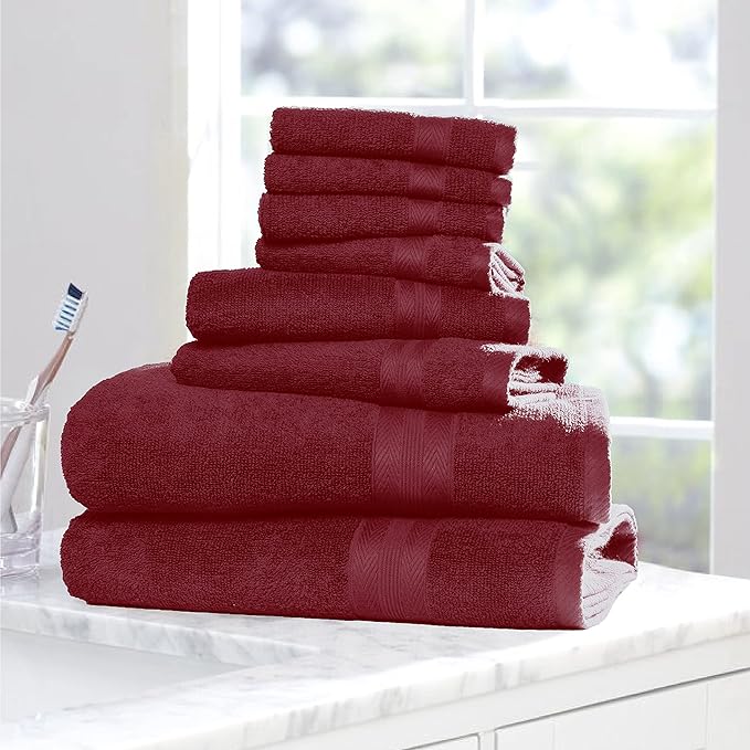 BOUTIQUO 8 Piece Towel Set 100% Ringspun Cotton, 2 Bath Towels 27X54, 2 Hand Towels 16X28 and 4 Washcloths 13X13 - Ultra Soft Highly Absorbent Machine Washable Hotel Spa Quality - Burgundy