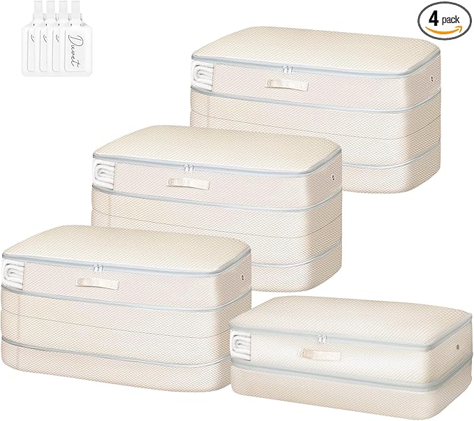 Comforter Storage Bag - Large Capacity Bedding Storage Bags Ultra Space Saving Self Compression Organizer, Washable Compression Bags for Storage Comforter Blanket Duvet Pillow, 4-Pack, Beige