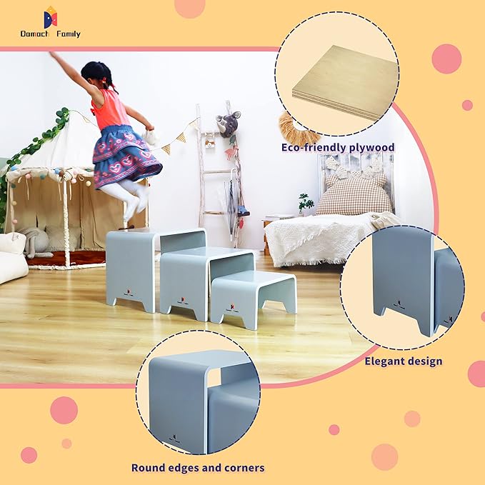 Damoch Family™ Children Chairs & Table Set for Kids,Functioning as Step Stool for Kitchen, Bathroom and Potty,Easy to Store,Patented Minimalist Design (Grey)