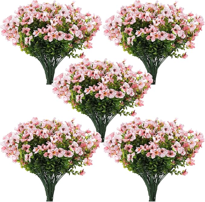 Artificial Flowers for Outdoors, 12 Bundles Artificial Plants & Flowers Outdoor, UV Resistant Faux Flowers Silk Fake Flower for Outside Porch Pot Window Garden Planter Decoration (Pink)