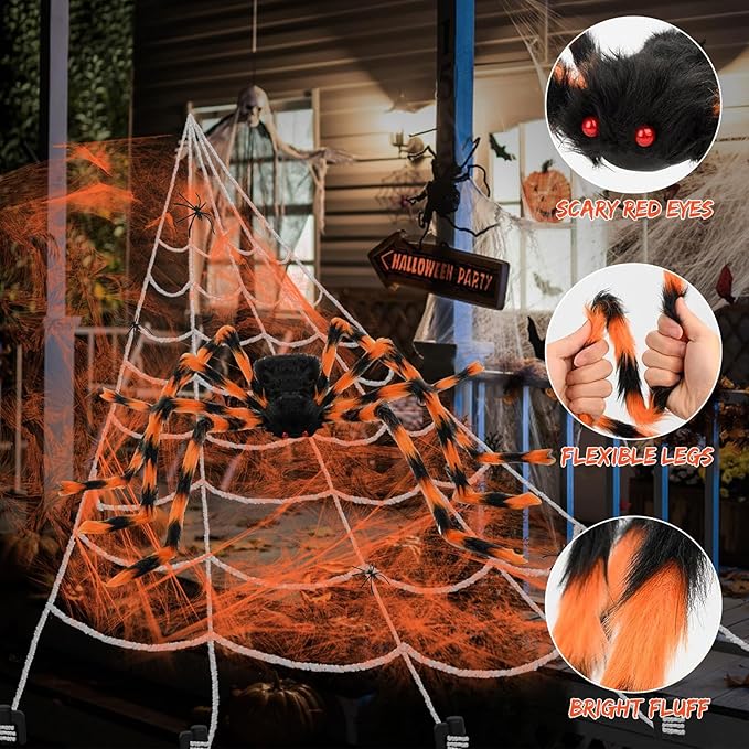 Halloween Spider Web and Giant Spiders Decorations Set Triangle Spider Web & Realistic Scary Fake Large Hairy Yellow Spider Props for Indoor/Outdoor Porch & Yard Parties Haunted House Halloween Décor