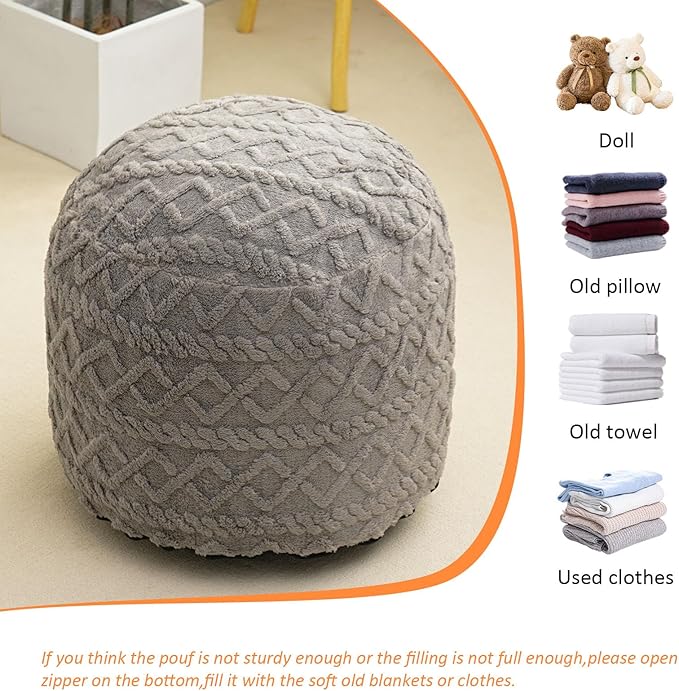Round Stuffed Pouf Ottoman, Corduroy Poufs with Foam Chunk Filling, Furry and Fluffy Pouf Foot Stool Storage Grey 26"