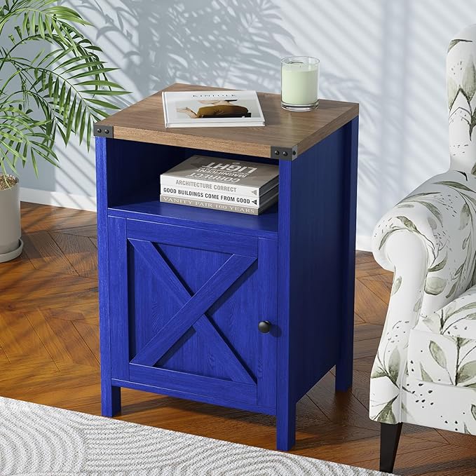 Farmhouse End Table, Nightstand, Set of 2, End Tables with Barn Door and Shelf, Modern Bed Side Table Rustic Nightstands Set for Bedroom, Living Room, Navy Blue