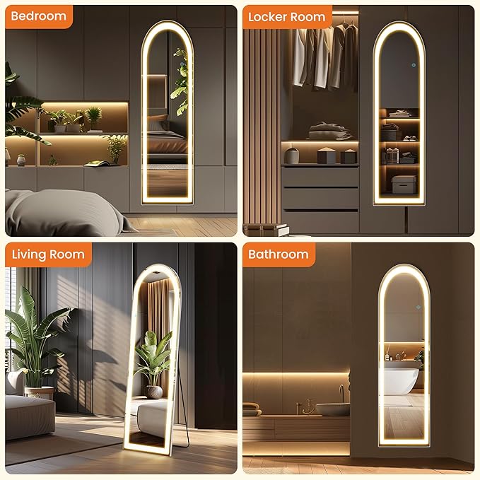 Arched Full Length Mirror with LED Lights, 60"x16" LED Floor Mirror with Stand, Body Floor Mirrors with Dimming & 3 Color Lighting, Wall Mounted LED Mirrors for Bedroom, Dressing Room, Cloakroom