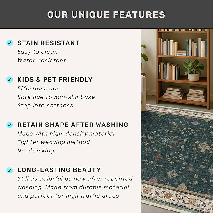 Dark Green Oushak 3x4 Large Entryway Rug - Modern Vintage Boho Floral, Washable Low Pile Non-Slip Area Rugs for Door Mat Indoor Entrance, Kitchen, Bedroom Beside Bed