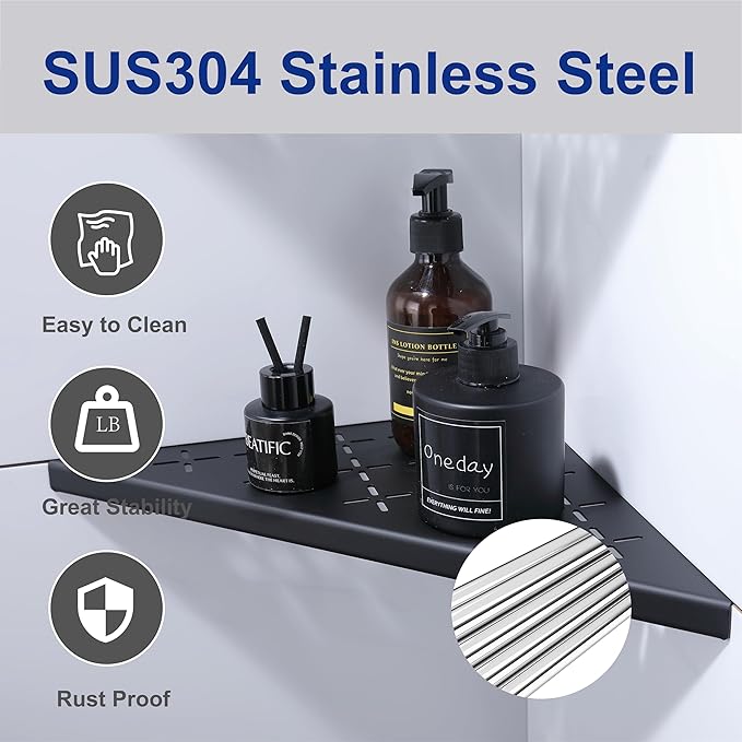 12" Corner Shower Shelf, 2-Pack Shower Shelves SUS304 Stainless Steel Bathroom Shelves for Tile Walls, Recessed Corner Shelf Organizer Rack, Large Size (Matte Black)