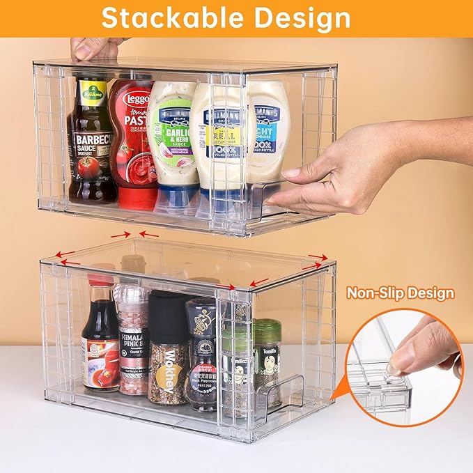4Pack Large Stackable Kitchen Storage Drawers, Clear Foods Organizer Bins with Handles, Easily Assemble for Bathroom, Kitchen, Pantry, Cabinet, Closet(XL-Down Handle)