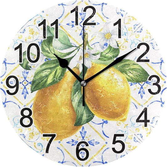 Mediterranean Lemons Tile Wall Clock Non Ticking Silent Kitchen Clock Large Battery Operated Clocks 10 inch for Living Room Bedroom Decor