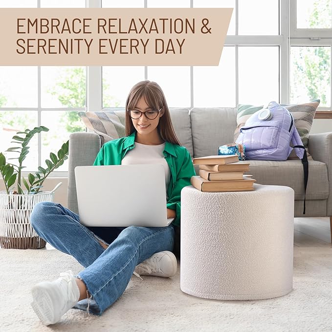 Round Pouf Ottoman and Foot Rest, Soft Boucle Footstool Ottomans for Living Room, Comfort Foam Stuffed Poofs for Couch Desk Resting Your Feet, White